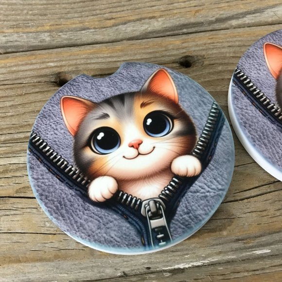 Cat Peek-a-Boo Zipper Car Coasters Set of 2 - Picture 4 of 7